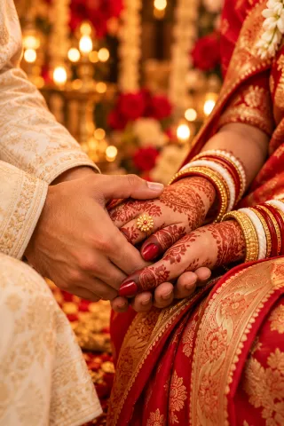 Illustrative wedding jewellery and joined hands