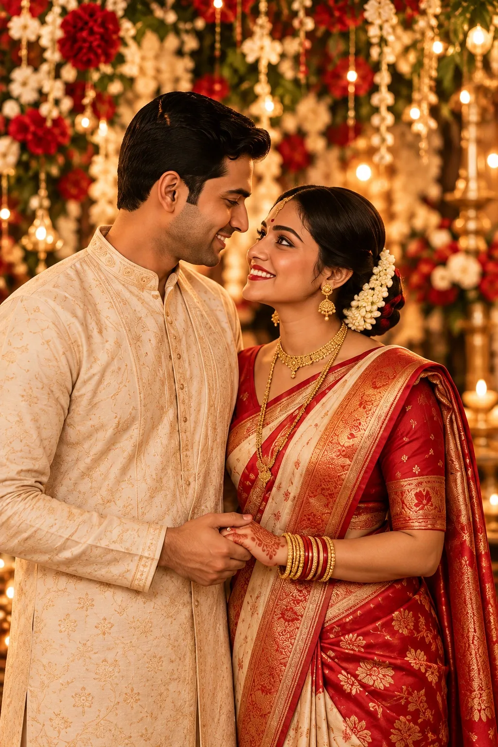 Illustrative wedding couple beneath floral decorations